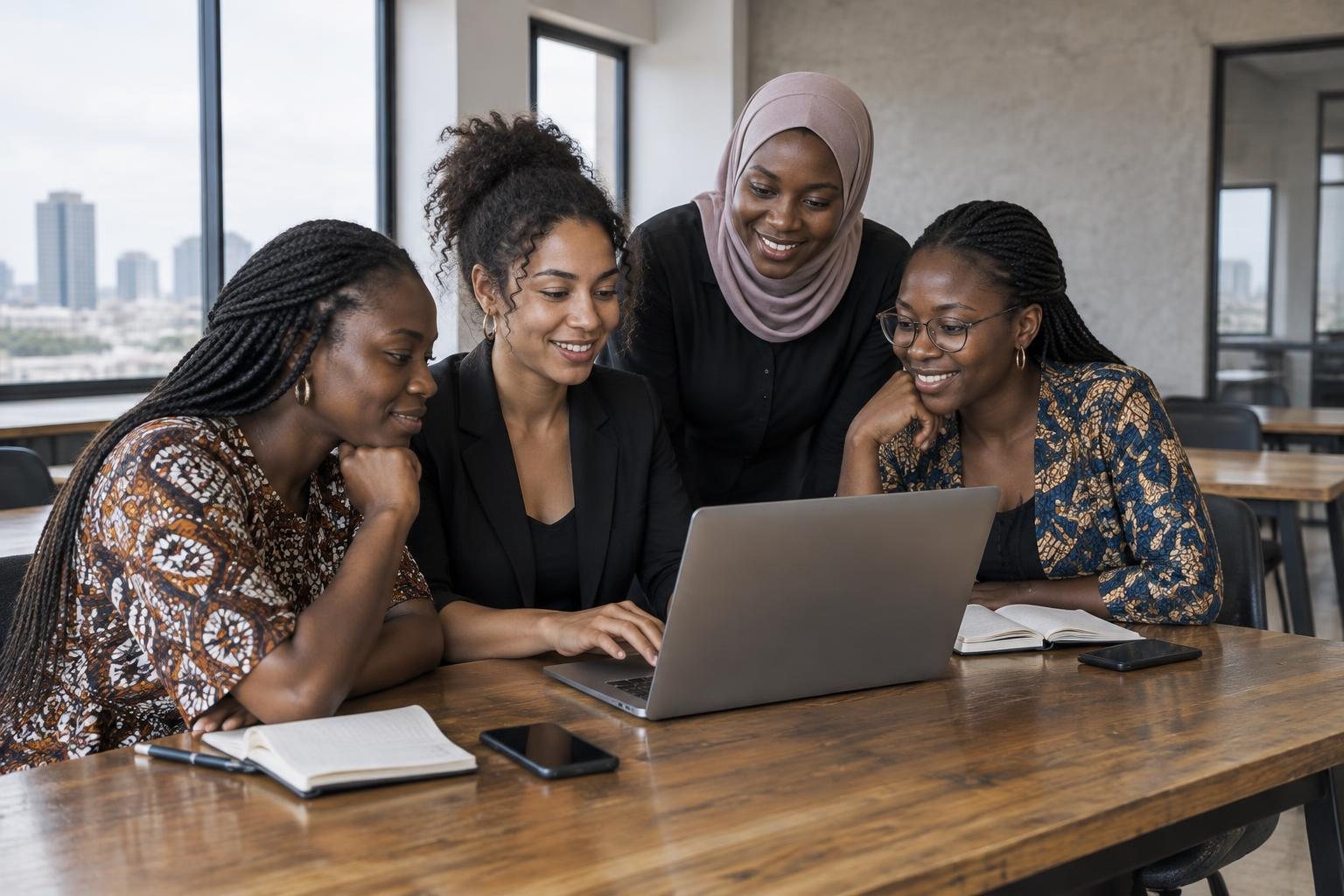 Quatre entrepreneures collaborent autour d’un ordinateur portable