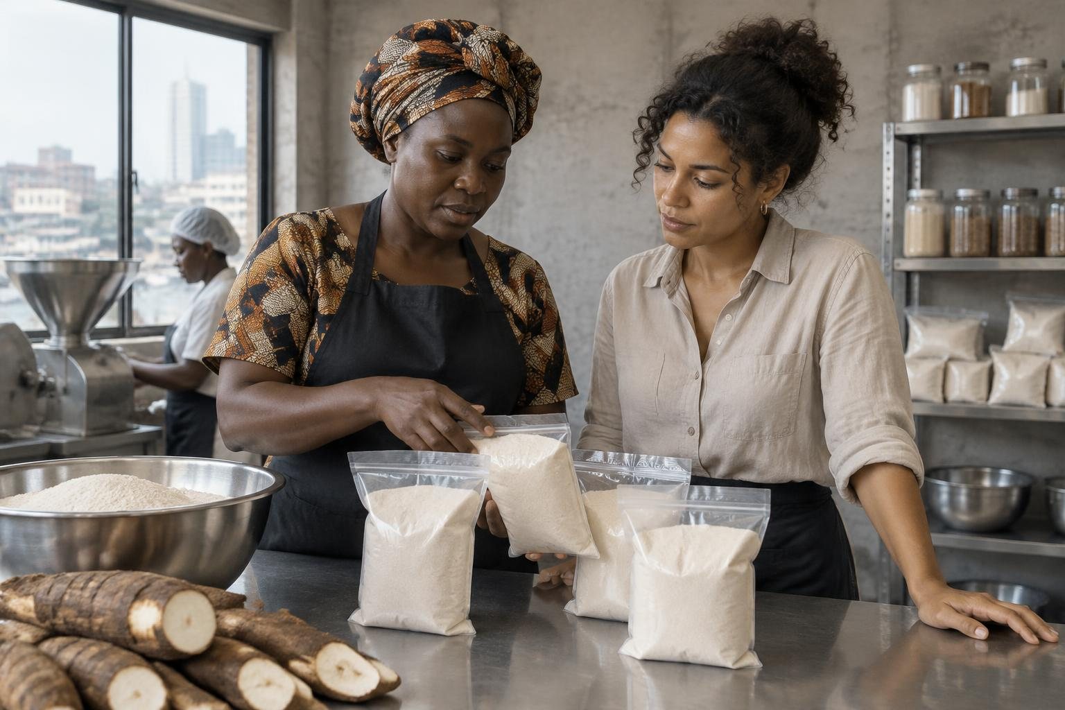 Deux entrepreneures examinent des sachets de farine de manioc dans leur unité de transformation