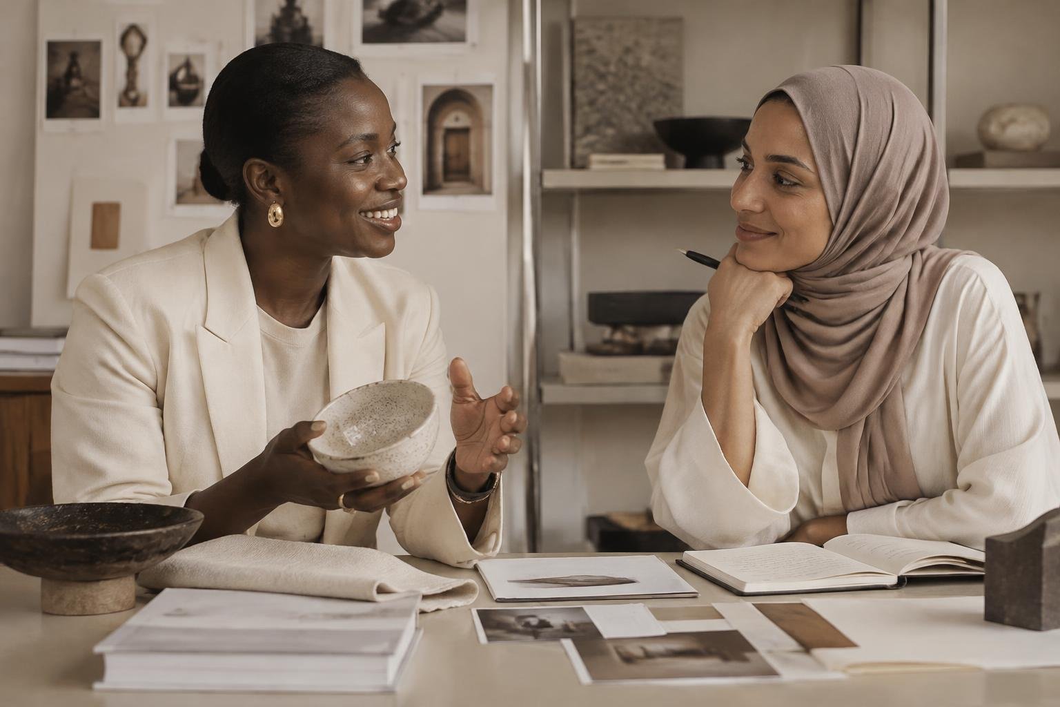 Deux entrepreneures échangent sur leurs projets autour d’une table de travail