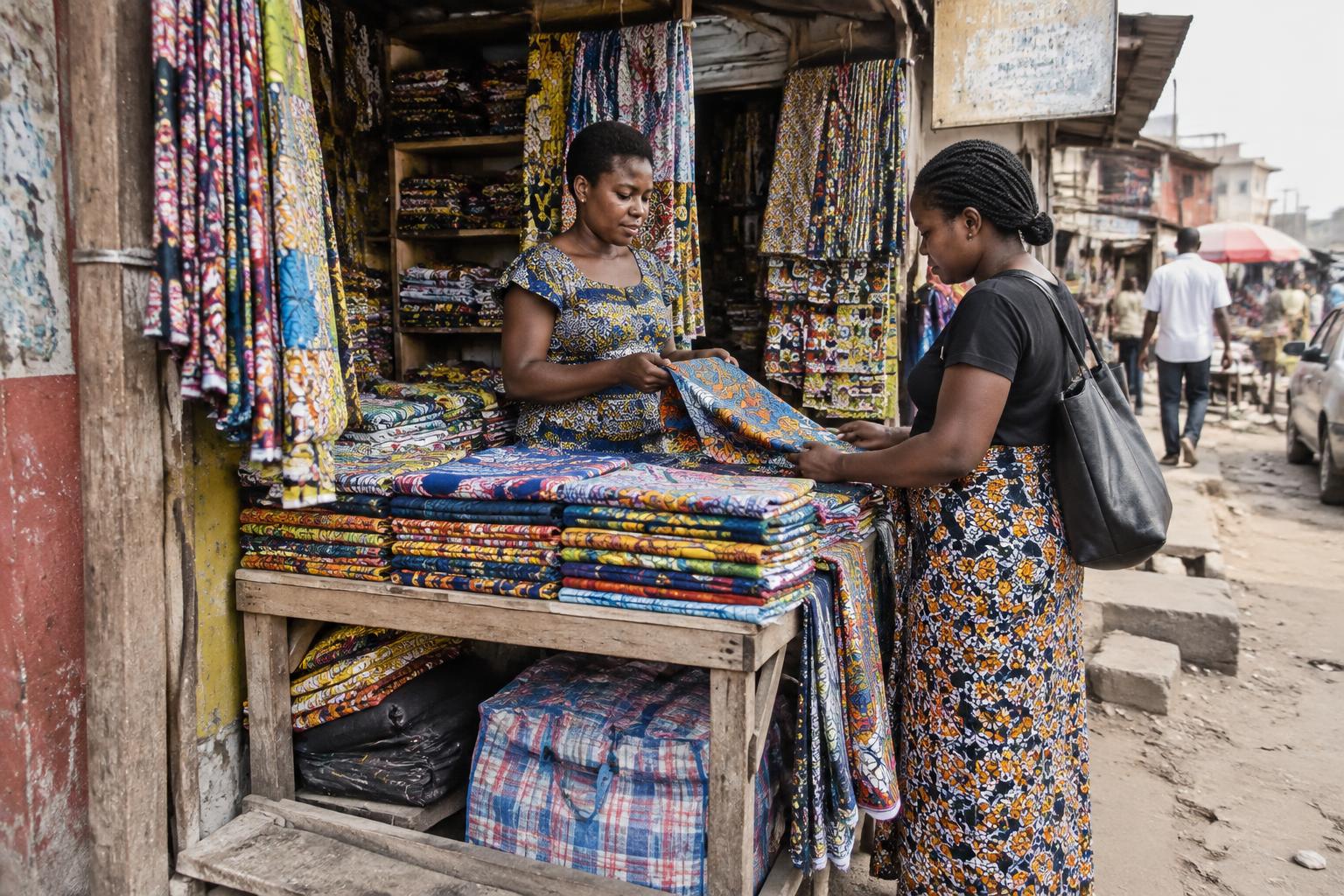 Deux entrepreneures dans une échoppe de tissus, scène illustrative de Kinshasa