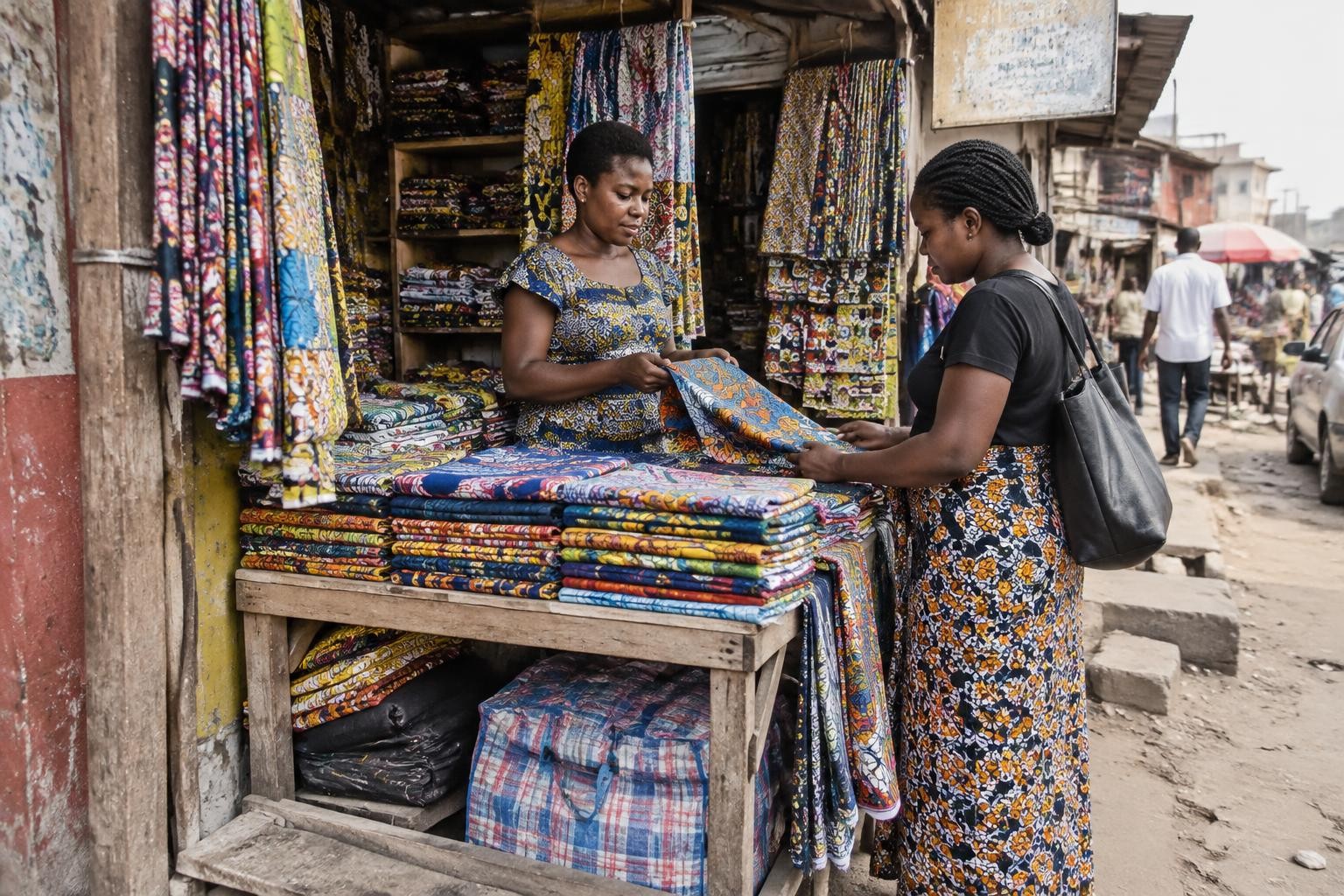 Deux entrepreneures dans une échoppe de tissus, scène illustrative de Kinshasa
