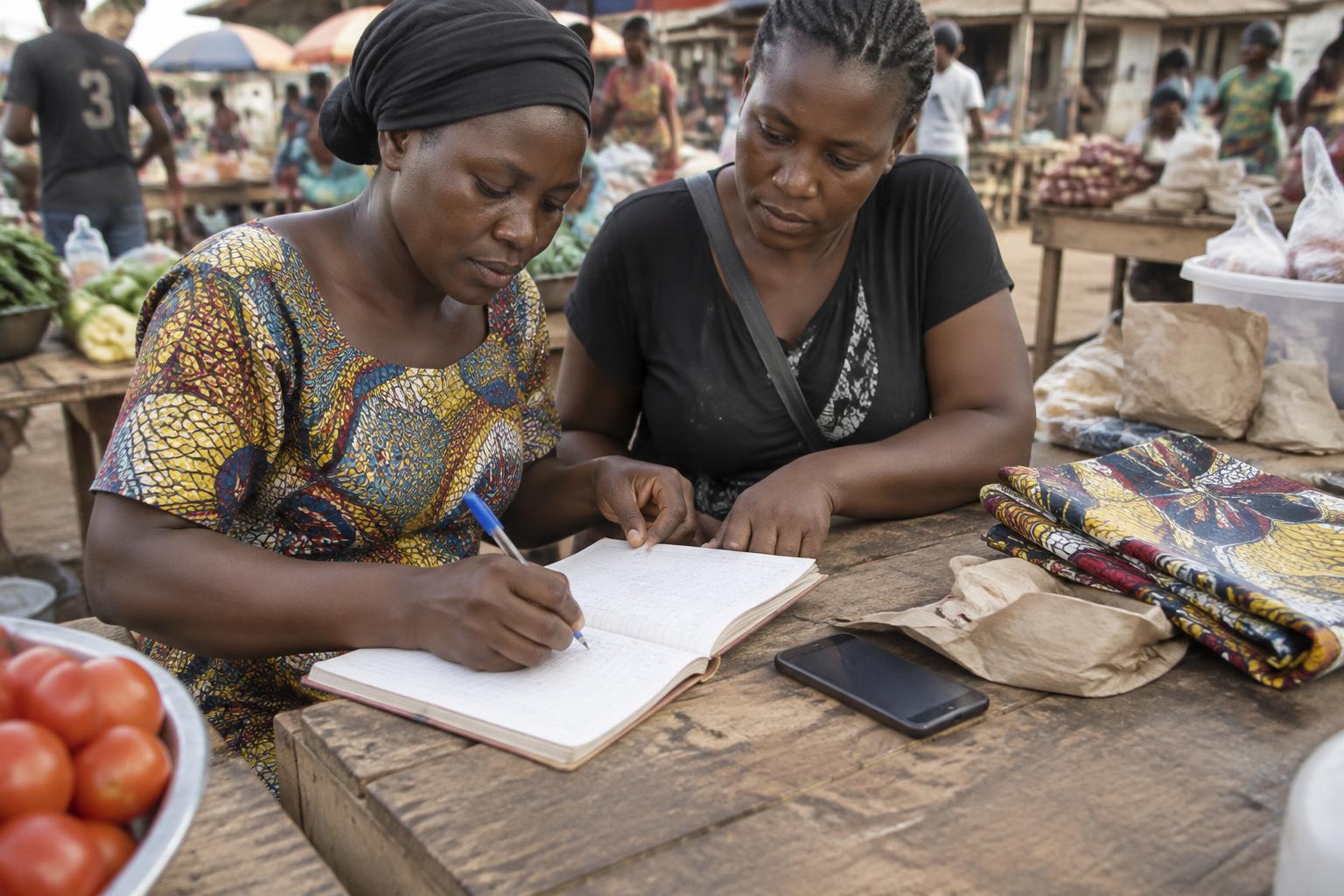 Des entrepreneures tiennent un carnet de ventes au marché, illustration