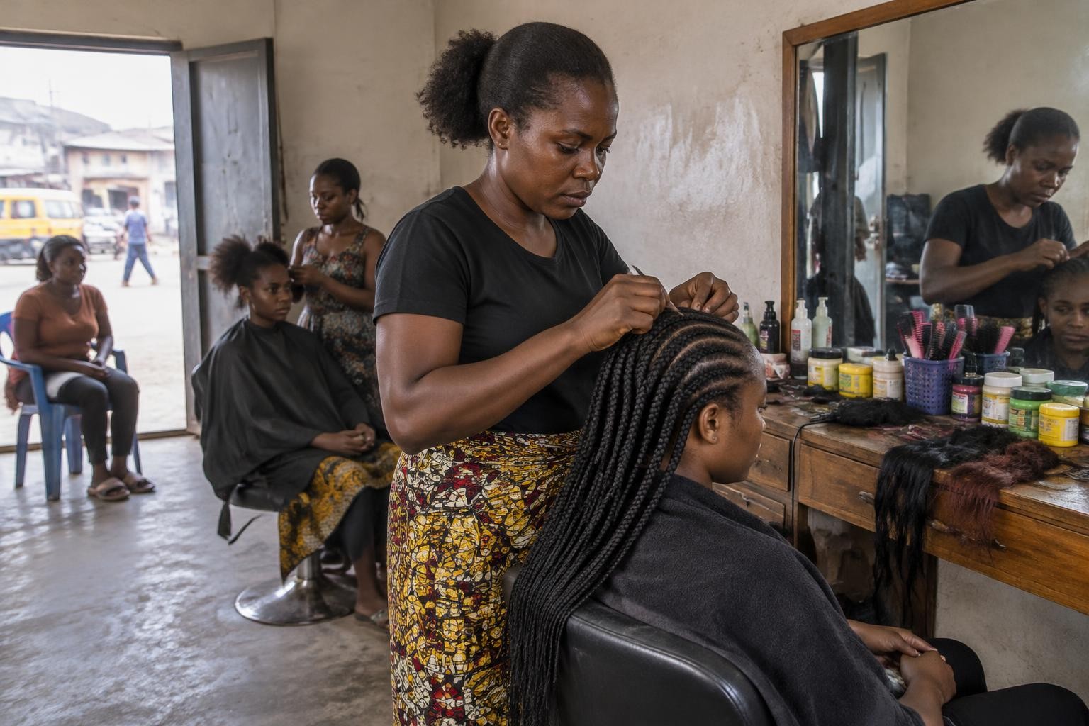 Travail de tressage dans un salon, scène illustrative de Kinshasa